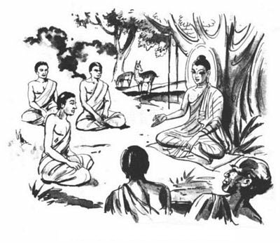 De Boeddha zet de Vier Edele Waarheden uiteen in het hertenpak.